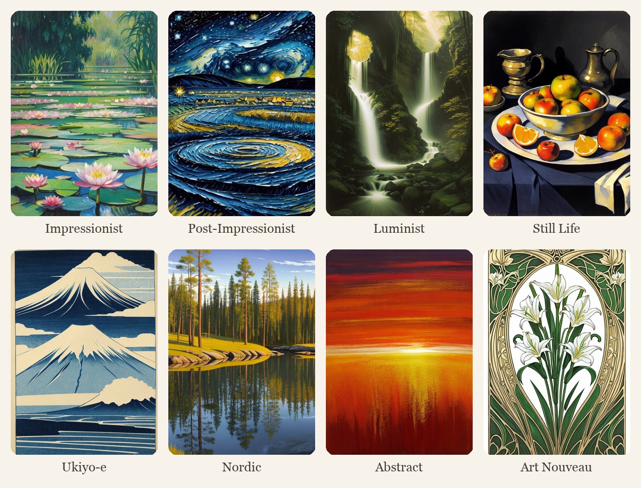 Eight hand-picked painting styles in BloomDrop's Painting Mode: Impressionist, Post-Impressionist, Luminist, Still Life, Ukiyo-e, Nordic, Abstract and Art Nouveau