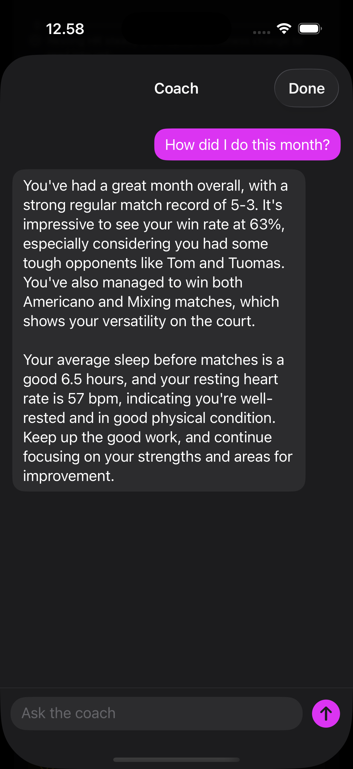 AI Coach chat sheet in Stats tab