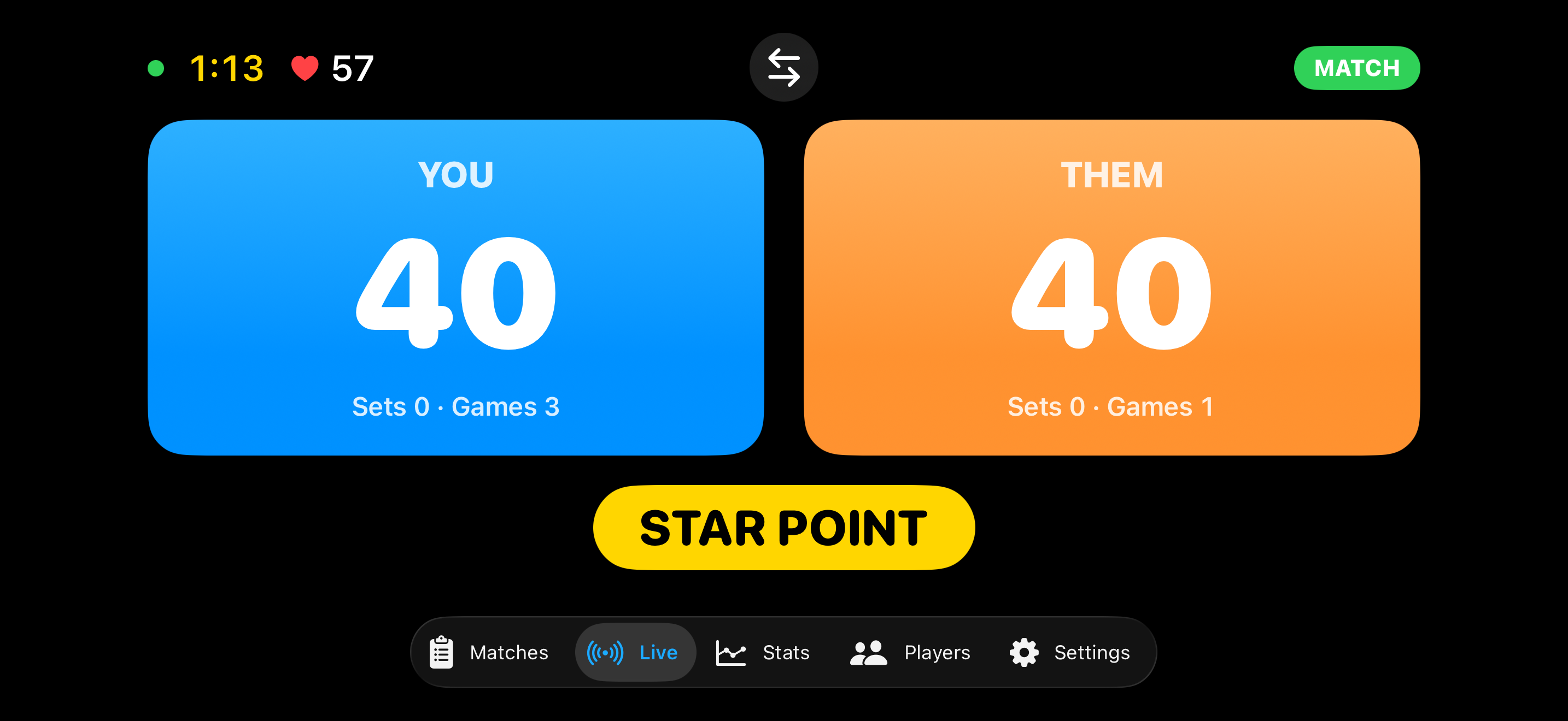 Live courtside scoreboard on iPhone (landscape, placed at the side of the court) with STAR POINT banner during a padel match