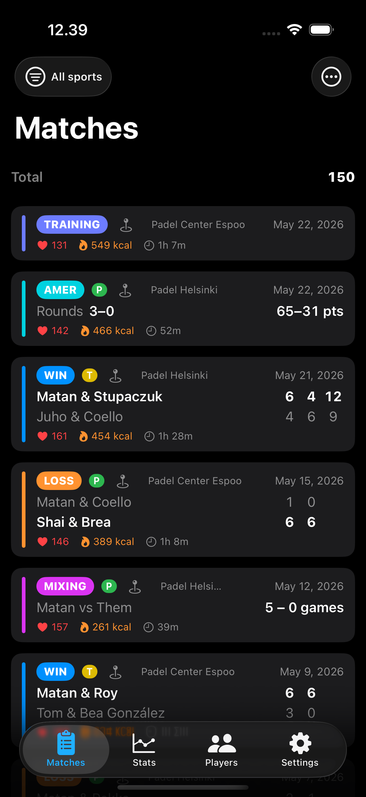iPhone match history list with sport pills and match summaries