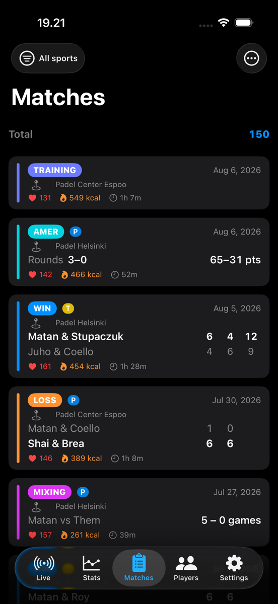 iPhone match history list showing 150 matches across padel and tennis with venues, heart rate and duration
