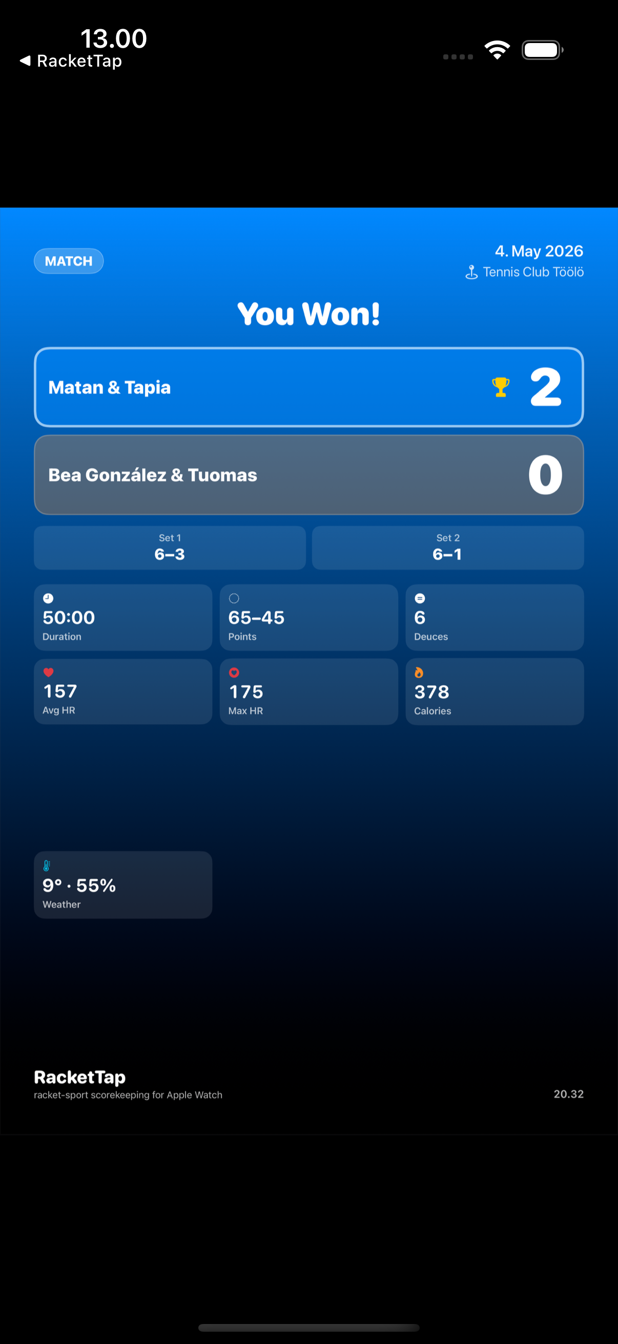 Match share card with score and per-set breakdown