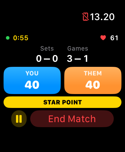 Apple Watch scoreboard mid-match