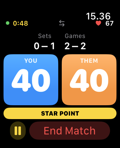 Apple Watch showing a live padel score